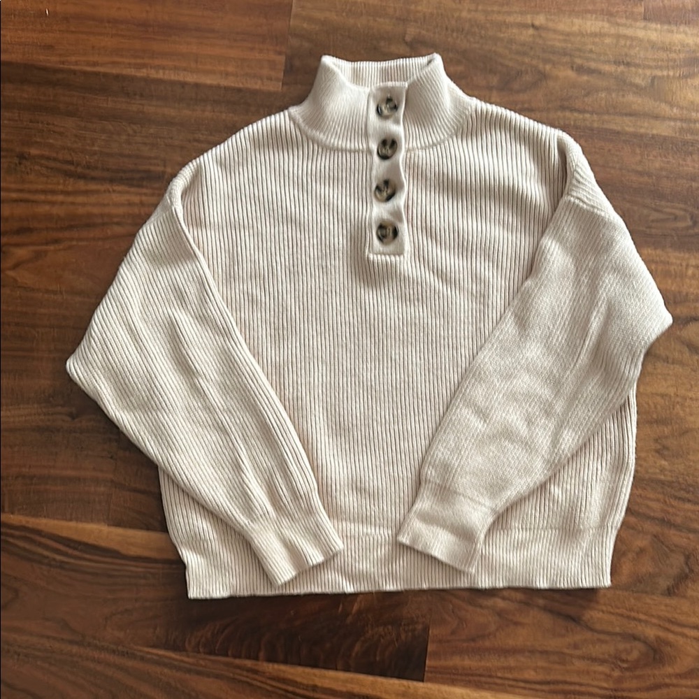 Mango Beige Ribbed Button-Up Sweater